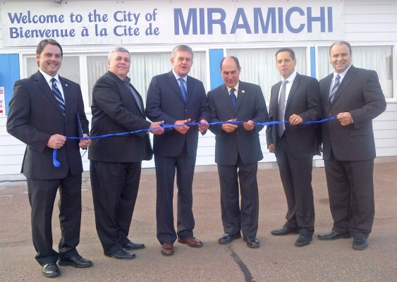 Southwest Miramichi MLA Jake Stewart; Public Safety Minister and Solicitor General Robert Trevors; Premier David Alward; Gerry Cormier, Mayor of Miramichi; Thomas Linkletter, chair of the Miramichi Airport Commission; and Miramichi Bay-Neguac MLA Serge Robichaud.